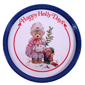 Christmas Vintage 12" Tin Serving Tray 1992 Giordano Bear Happy Holly Days Metal
